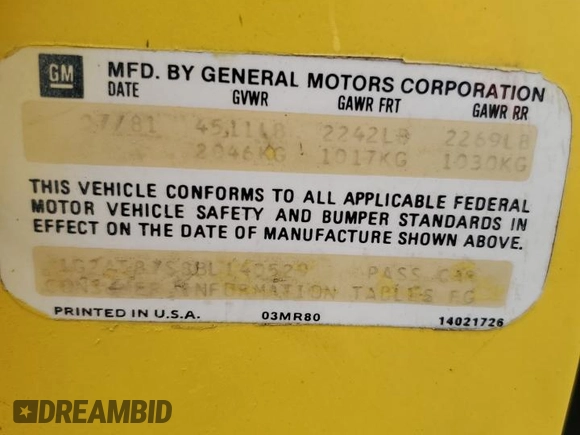 1981 Pontiac Firebird with VIN 1G2AT87S8BL140529, listed as a Copart auction lot 57791265 with Not provided miles and Salvage title. Bid and sale history available at DreamBid. Image 12.
