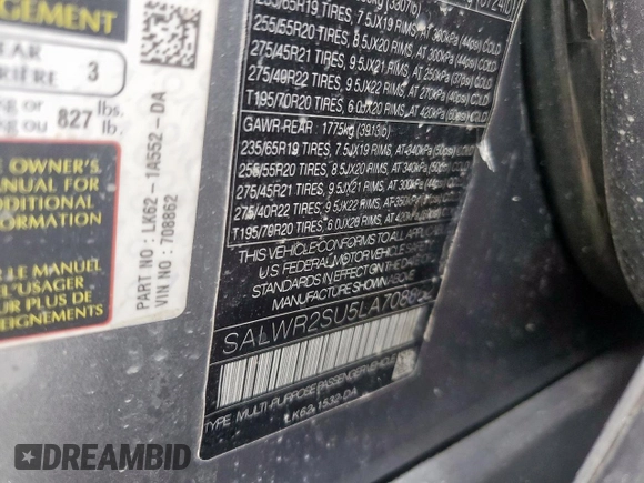 2020 Land Rover Range Rover Sport HSE z VIN SALWR2SU5LA708862, wystawiony jako Copart lot #57265945 z przebiegiem 138 709 mil mil oraz Czysty tytuł • Clean title. Historia ofert i sprzedaży dostępna na DreamBid. Obrazek 13.