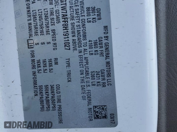 2017 GMC Savana Cargo z VIN 1GTW7AFF8H1911027, wystawiony jako Copart lot #84908094 z przebiegiem 139 217 mil mil oraz Szkody całkowita. Historia ofert i sprzedaży dostępna na DreamBid. Obrazek 14.