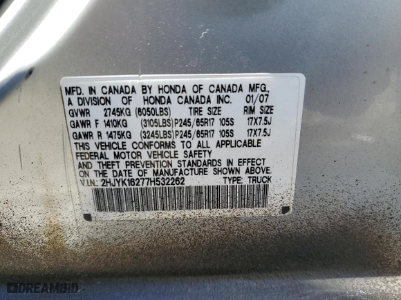 2007 Honda Ridgeline RT with VIN 2HJYK16277H532262, listed as a Copart auction lot 49467775 with 171,566 mi miles and Salvage Title. Bid and sale history available at carsss.com. Image 15.