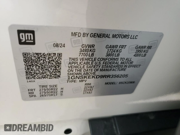 2024 Chevrolet Suburban RST with VIN 1GNSKEKD9RR356205, listed as a Copart auction lot 56562055 with 7,283 mi miles and Salvage title. Bid and sale history available at DreamBid. Image 14.