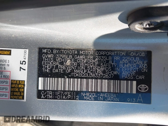 2008 Toyota Prius with VIN JTDKB20U383372637, listed as a IAAI auction lot 41904708 with 156,923 mi miles. Bid and sale history available at carsss.com. Image 9.