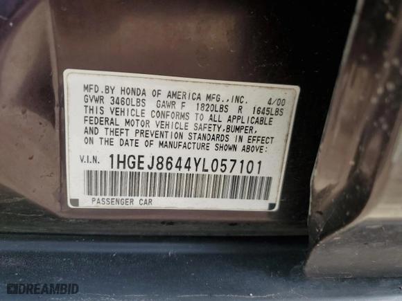 2000 Honda Civic EX with VIN 1HGEJ8644YL057101, listed as a Copart auction lot 42994735 with 259,918 mi miles and Salvage Title. Bid and sale history available at carsss.com. Image 15.