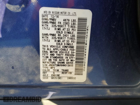 2017 Nissan Rogue S with VIN JN8AT2MV6HW013605, listed as a Copart auction lot 84361604 with 80,434 mi miles and Salvage Title. Bid and sale history available at carsss.com. Image 13.