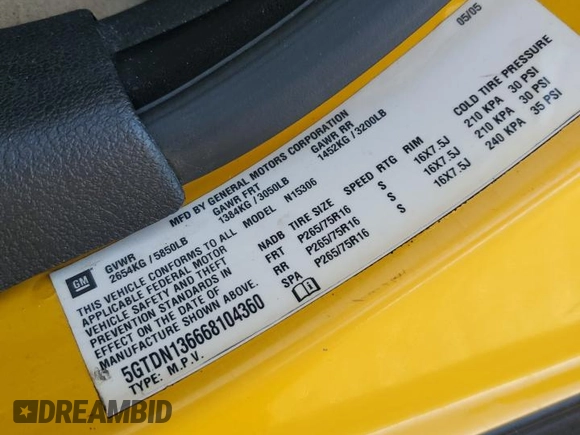 2006 Hummer H3 with VIN 5GTDN136668104360, listed as a Copart auction lot 85010584 with 171,619 mi miles and Salvage Title. Bid and sale history available at DreamBid. Image 13.