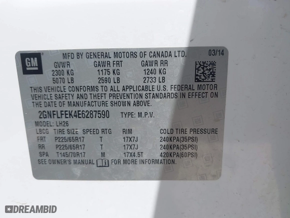 2014 Chevrolet Equinox LT with VIN 2GNFLFEK4E6287590, listed as a IAAI auction lot 41844325 with 88,595 mi miles. Bid and sale history available at carsss.com. Image 9.