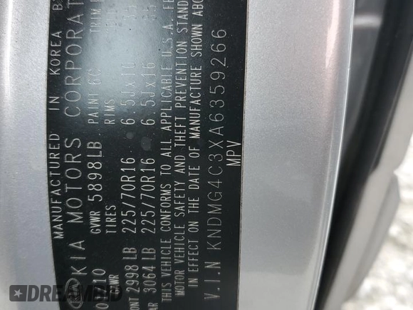 2010 Kia Sedona LX with VIN KNDMG4C3XA6359266, listed as a Copart auction lot 49822195 with 168,169 mi miles and Salvage Title. Bid and sale history available at carsss.com. Image 13.