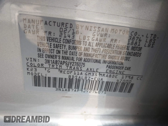 2018 Nissan Sentra S with VIN 3N1AB7AP9JY276075, listed as a IAAI auction lot 41864869 with 89,219 mi miles and . Bid and sale history available at DreamBid. Image 9.