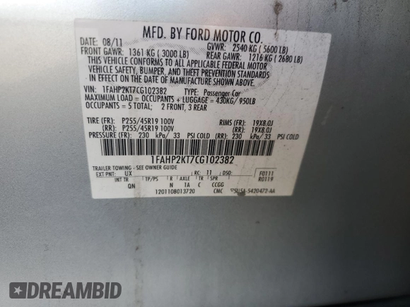 2012 Ford Taurus SHO with VIN 1FAHP2KT7CG102382, listed as a Copart auction lot 74598744 with 229,650 mi miles and Non repairable. Bid and sale history available at DreamBid. Image 12.