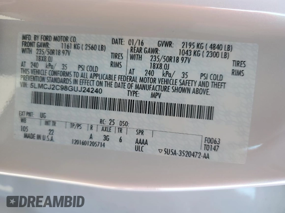 2016 Lincoln MKC Select with VIN 5LMCJ2C98GUJ24240, listed as a Copart auction lot 85243114 with 54,022 mi miles and Salvage title. Bid and sale history available at DreamBid. Image 13.