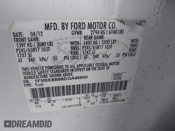 2013 Ford Explorer with VIN 1FM5K8B88DGA46900, listed as a IAAI auction lot 40070719 with Not Provided miles and . Bid and sale history available at carsss.com. Image 9.