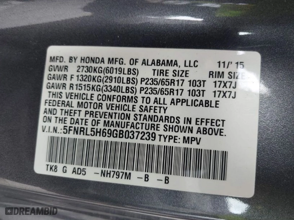 2016 Honda Odyssey EX-L with VIN 5FNRL5H69GB037239, listed as a IAAI auction lot 41739039 with 70,047 mi miles. Bid and sale history available at carsss.com. Image 9.