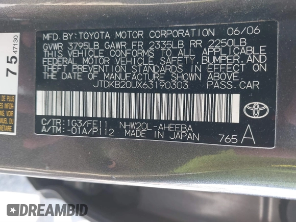2006 Toyota Prius with VIN JTDKB20UX63190303, listed as a IAAI auction lot 41871826 with 147,124 mi miles. Bid and sale history available at carsss.com. Image 9.