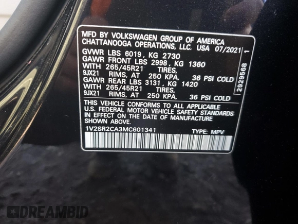 2021 Volkswagen Atlas SEL R-Line with VIN 1V2SR2CA3MC601341, listed as a Copart auction lot 52170625 with 98,828 mi miles and Salvage title. Bid and sale history available at DreamBid. Image 15.