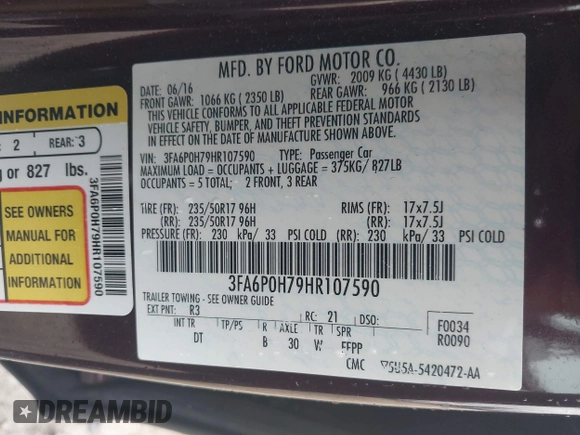 2017 Ford Fusion SE с VIN 3FA6P0H79HR107590, выставлен на аукционе IAAI как лот 41184081 с пробегом 85 243 миль миль и . История ставок и продаж доступна на DreamBid. Изображение 9.