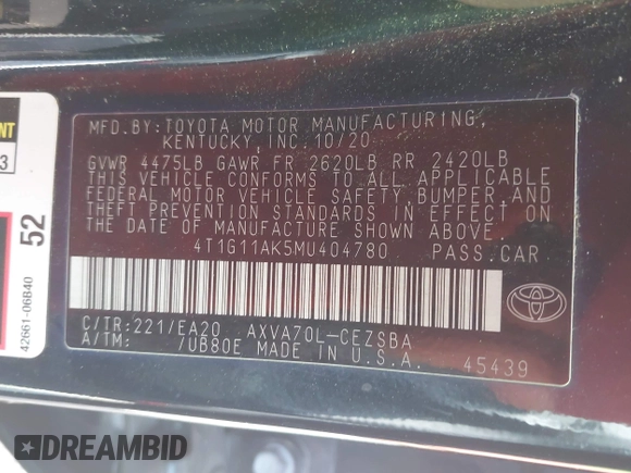 2021 Toyota Camry SE Nightshade with VIN 4T1G11AK5MU404780, listed as a IAAI auction lot 41897739 with 94,320 mi miles and . Bid and sale history available at carsss.com. Image 9.
