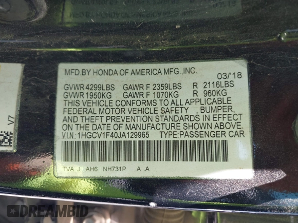2018 Honda Accord EX with VIN 1HGCV1F40JA129965, listed as a IAAI auction lot 42153398 with 51,435 mi miles and . Bid and sale history available at DreamBid. Image 9.