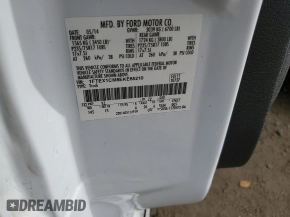 2014 Ford F-150 XL с VIN 1FTEX1CM8EKE65210, выставлен на аукционе Copart как лот 47454495 с пробегом 59 206 миль миль и Списание • Salvage title. История ставок и продаж доступна на DreamBid. Изображение 12.