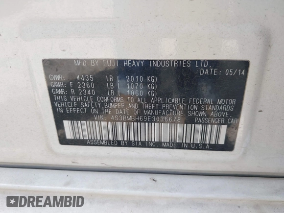 2014 Subaru Legacy Special Sports z VIN 4S3BMBH69E3036678, wystawiony jako IAAI lot #42077275 z przebiegiem 113 916 mil mil oraz . Historia ofert i sprzedaży dostępna na DreamBid. Obrazek 9.