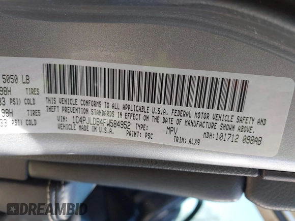 2015 Jeep Cherokee Limited with VIN 1C4PJLDB4FW584952, listed as a IAAI auction lot 42027257 with 146,198 mi miles and . Bid and sale history available at DreamBid. Image 9.
