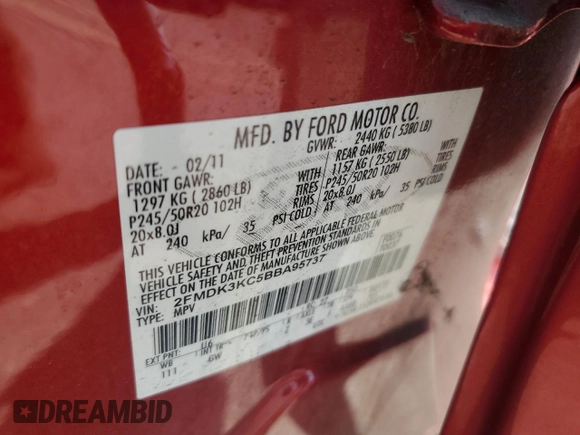 2011 Ford Edge Limited с VIN 2FMDK3KC5BBA95737, выставлен на аукционе Copart как лот 60472835 с пробегом 188 940 миль миль и Списание • Salvage title. История ставок и продаж доступна на DreamBid. Изображение 13.