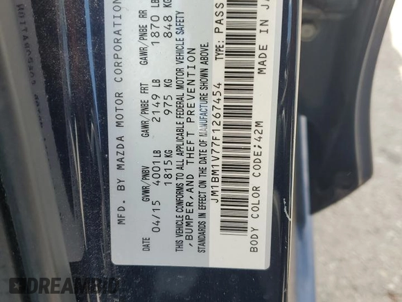 2015 Mazda 3 i Touring with VIN JM1BM1V77F1267454, listed as a Copart auction lot 60651625 with 107,649 mi miles and Salvage title. Bid and sale history available at DreamBid. Image 12.