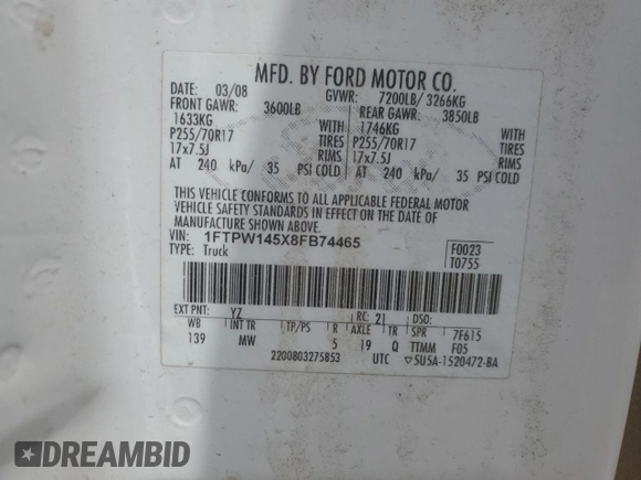2008 Ford F-150 XLT with VIN 1FTPW145X8FB74465, listed as a Copart auction lot 60097495 with 253,555 mi miles and Clean title. Bid and sale history available at DreamBid. Image 12.