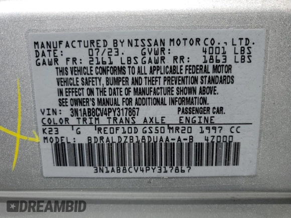 2023 Nissan Sentra SV z VIN 3N1AB8CV4PY317867, wystawiony jako Copart lot #58967115 z przebiegiem 31 825 mil mil oraz Szkoda całkowita • Salvage title. Historia ofert i sprzedaży dostępna na DreamBid. Obrazek 12.