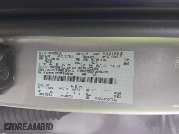2016 Ford F-150 XLT with VIN 1FTEW1EP9GFB95510, listed as a IAAI auction lot 42118830 with 126,164 mi miles and . Bid and sale history available at carsss.com. Image 9.