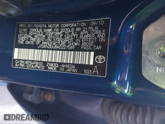 2010 Toyota Prius II with VIN JTDKN3DU8A0227589, listed as a IAAI auction lot 42190948 with 213,328 mi miles and . Bid and sale history available at DreamBid. Image 9.