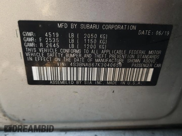 2019 Subaru Legacy with VIN 4S3BNAB67K3040658, listed as a Copart auction lot 48987985 with 83,608 mi miles and Clean Title. Bid and sale history available at carsss.com. Image 12.
