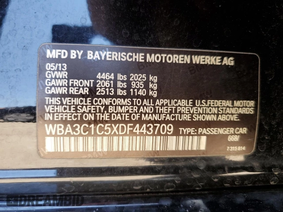 2013 BMW 3 Series 328i with VIN WBA3C1C5XDF443709, listed as a Copart auction lot 59763265 with 149,300 mi miles and Salvage title. Bid and sale history available at DreamBid. Image 13.