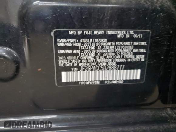 2013 Subaru Crosstrek Premium with VIN JF2GPACC5D2888777, listed as a Copart auction lot 53341405 with 188,236 mi miles and Salvage title. Bid and sale history available at DreamBid. Image 12.