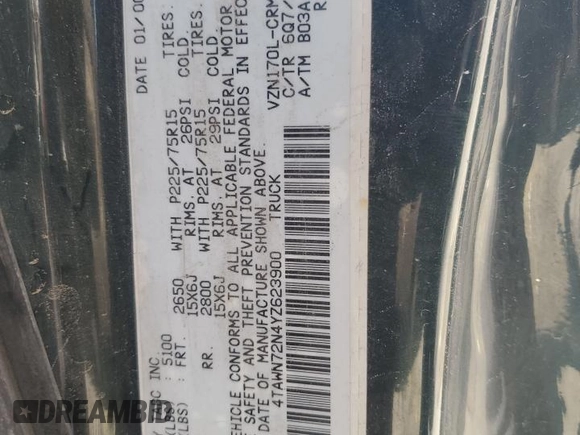 2000 Toyota Tacoma with VIN 4TAWN72N4YZ623900, listed as a Copart auction lot 53547825 with 239,998 mi miles and Salvage title. Bid and sale history available at DreamBid. Image 12.