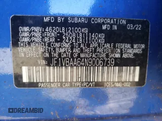 2022 Subaru WRX with VIN JF1VBAA64N9006739, listed as a Copart auction lot 54883615 with 23,724 mi miles and Salvage title. Bid and sale history available at DreamBid. Image 12.
