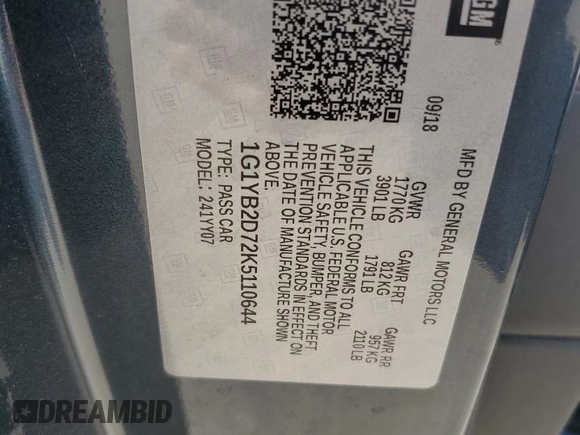 2019 Chevrolet Corvette 1LT with VIN 1G1YB2D72K5110644, listed as a Copart auction lot 49633115 with 95,213 mi miles and Salvage title. Bid and sale history available at DreamBid. Image 15.