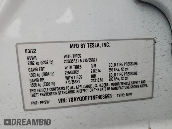 2022 Tesla Model Y Performance with VIN 7SAYGDEF1NF403693, listed as a Copart auction lot 53575845 with 34,302 mi miles and Salvage title. Bid and sale history available at DreamBid. Image 14.