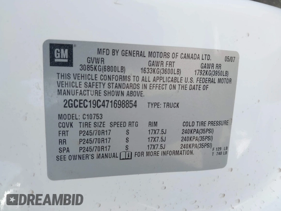 2007 Chevrolet Silverado 1500 Work Truck with VIN 2GCEC19C471698854, listed as a IAAI auction lot 42163779 with Not Provided miles and . Bid and sale history available at DreamBid. Image 9.