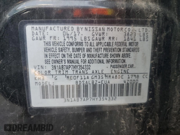 2017 Nissan Sentra S with VIN 3N1AB7AP7HY354332, listed as a Copart auction lot 54520275 with 160,738 mi miles and Non repairable. Bid and sale history available at DreamBid. Image 12.