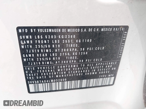 2020 Volkswagen Tiguan SE z VIN 3VV3B7AX4LM032609, wystawiony jako IAAI lot #42074359 z przebiegiem 52 404 mil mil oraz . Historia ofert i sprzedaży dostępna na DreamBid. Obrazek 9.