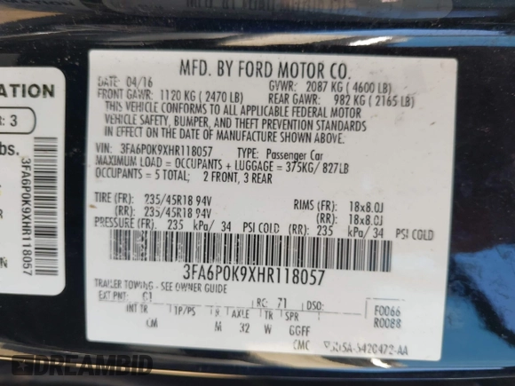 2017 Ford Fusion Titanium with VIN 3FA6P0K9XHR118057, listed as a IAAI auction lot 41982261 with 151,704 mi miles. Bid and sale history available at carsss.com. Image 9.
