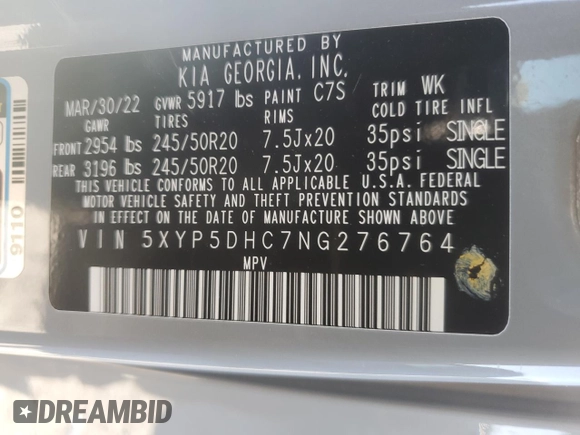 2022 Kia Telluride SX with VIN 5XYP5DHC7NG276764, listed as a Copart auction lot 57218795 with 54,941 mi miles and Salvage title. Bid and sale history available at DreamBid. Image 14.