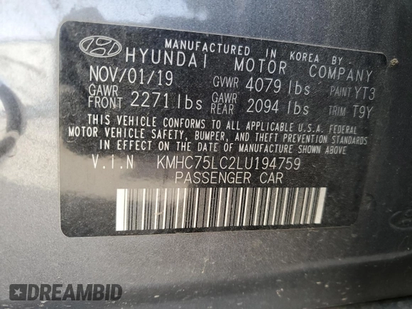 2020 Hyundai Ioniq SE z VIN KMHC75LC2LU194759, wystawiony jako Copart lot #86014574 z przebiegiem 49 578 mil mil oraz Szkoda całkowita • Salvage title. Historia ofert i sprzedaży dostępna na DreamBid. Obrazek 12.