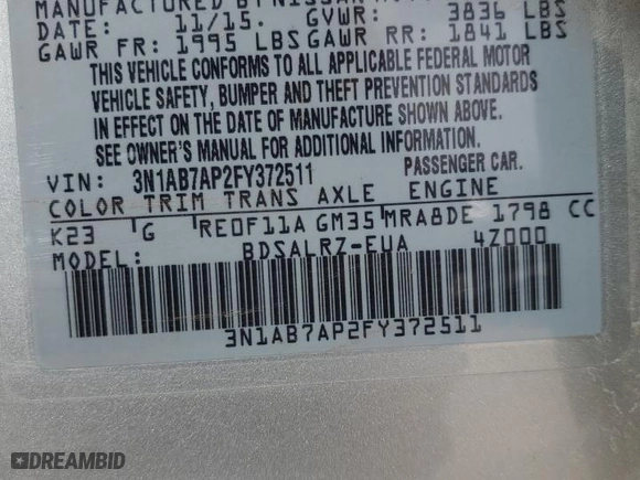 2015 Nissan Sentra SR with VIN 3N1AB7AP2FY372511, listed as a Copart auction lot 49485355 with 150,243 mi miles and Salvage Title. Bid and sale history available at carsss.com. Image 13.