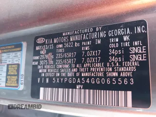 2016 Kia Sorento LX with VIN 5XYPGDA54GG065563, listed as a IAAI auction lot 41801533 with 126,557 mi miles. Bid and sale history available at carsss.com. Image 9.