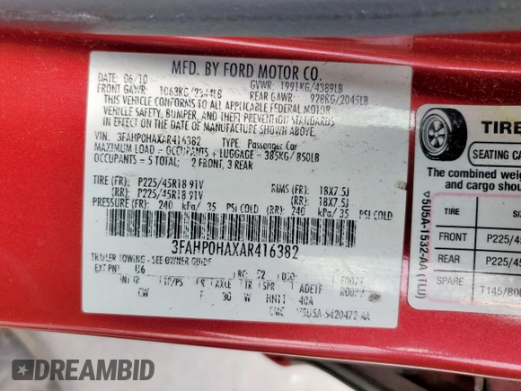 2010 Ford Fusion SE with VIN 3FAHP0HAXAR416382, listed as a Copart auction lot 56927405 with 215,807 mi miles and Salvage title. Bid and sale history available at DreamBid. Image 12.