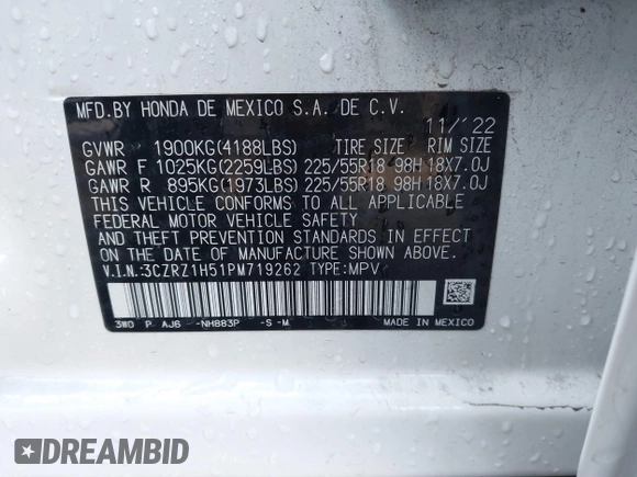 2023 Honda HR-V Sport with VIN 3CZRZ1H51PM719262, listed as a IAAI auction lot 41404081 with 24,042 mi miles. Bid and sale history available at carsss.com. Image 9.