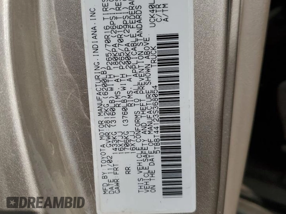 2003 Toyota Tundra SR5 with VIN 5TBBT44123S368054, listed as a Copart auction lot 54675755 with 201,563 mi miles and Clean Title. Bid and sale history available at DreamBid. Image 12.