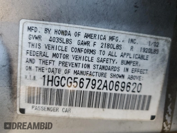 2002 Honda Accord SE с VIN 1HGCG56792A069620, выставлен на аукционе Copart как лот 53263115 с пробегом 250 637 миль миль и Списание • Salvage title. История ставок и продаж доступна на DreamBid. Изображение 14.
