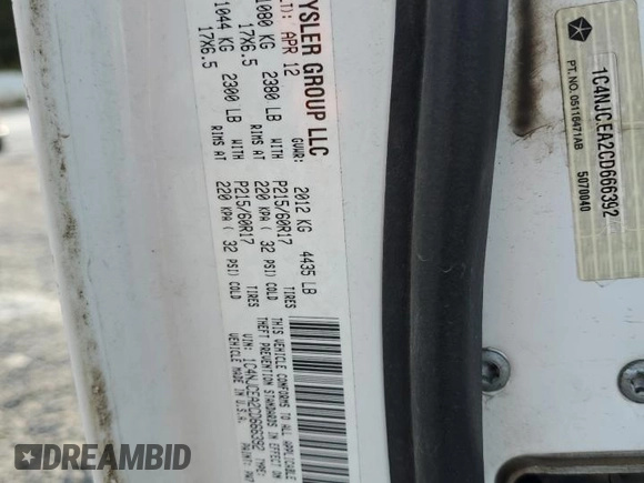 2012 Jeep Compass Latitude with VIN 1C4NJCEA2CD666392, listed as a Copart auction lot 77044444 with 175,283 mi miles and Salvage Title. Bid and sale history available at DreamBid. Image 15.